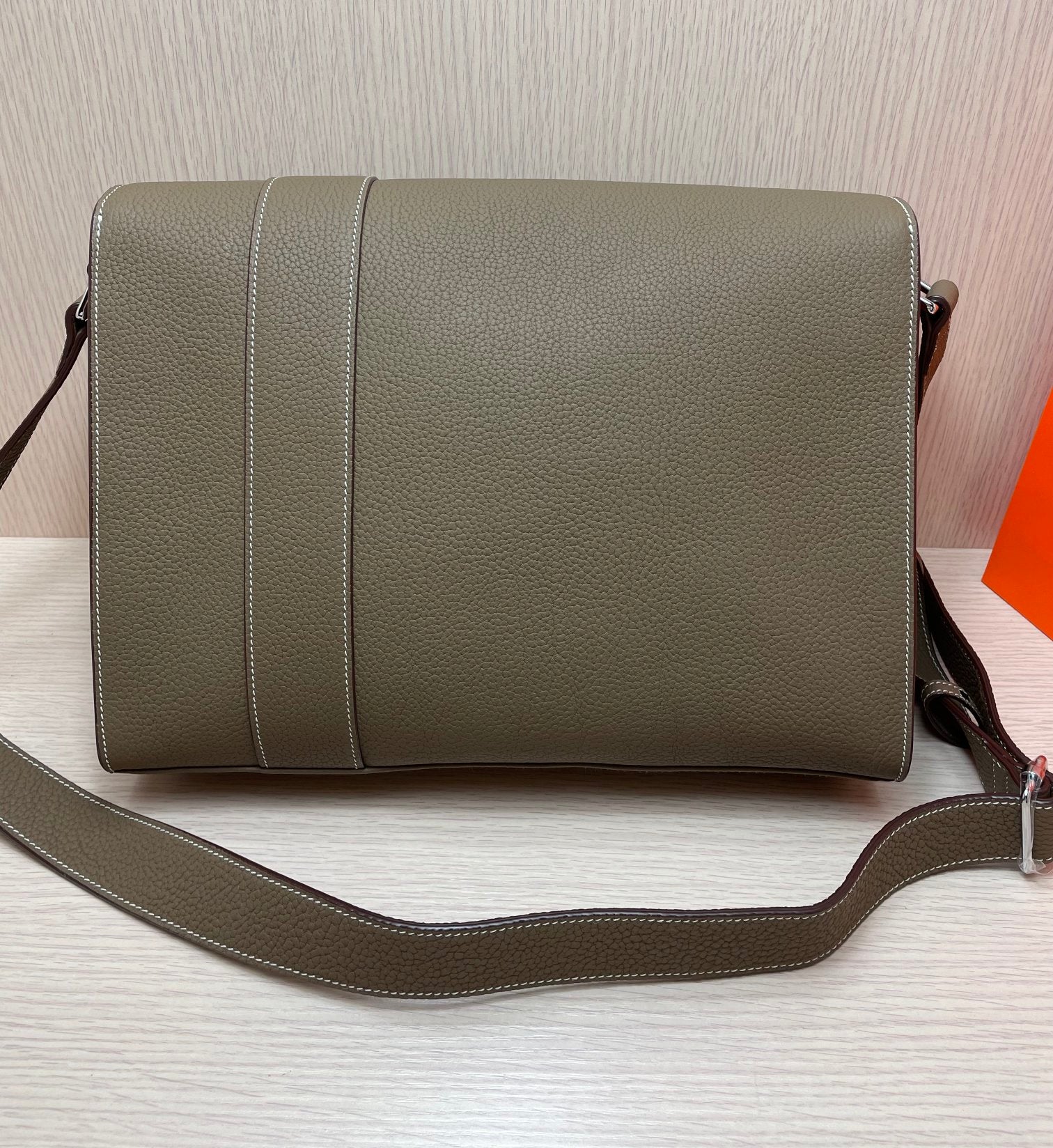 Luxury Taupe Pebbled Leather Messenger Bag with Adjustable Strap