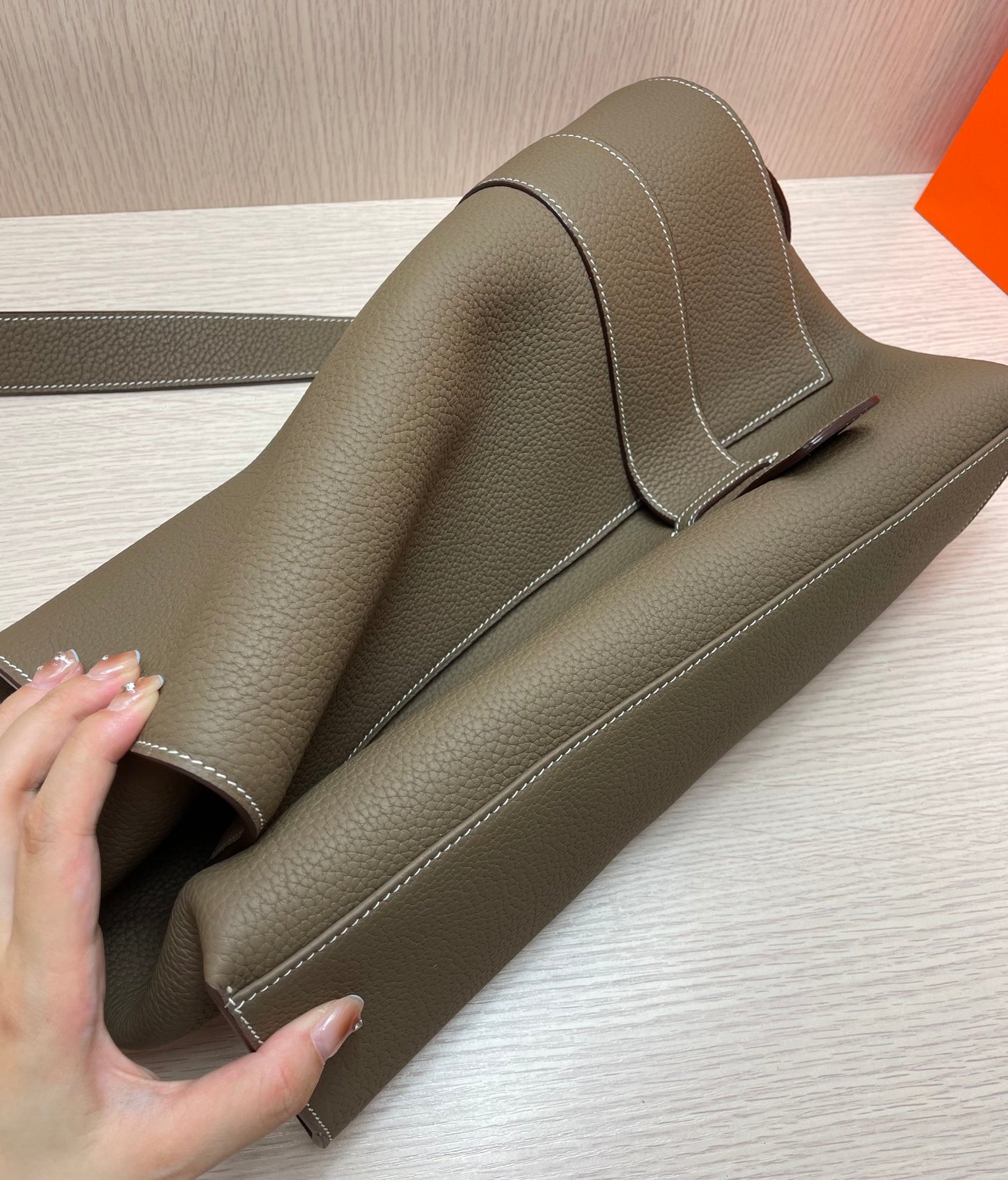 Luxury Taupe Pebbled Leather Messenger Bag with Adjustable Strap