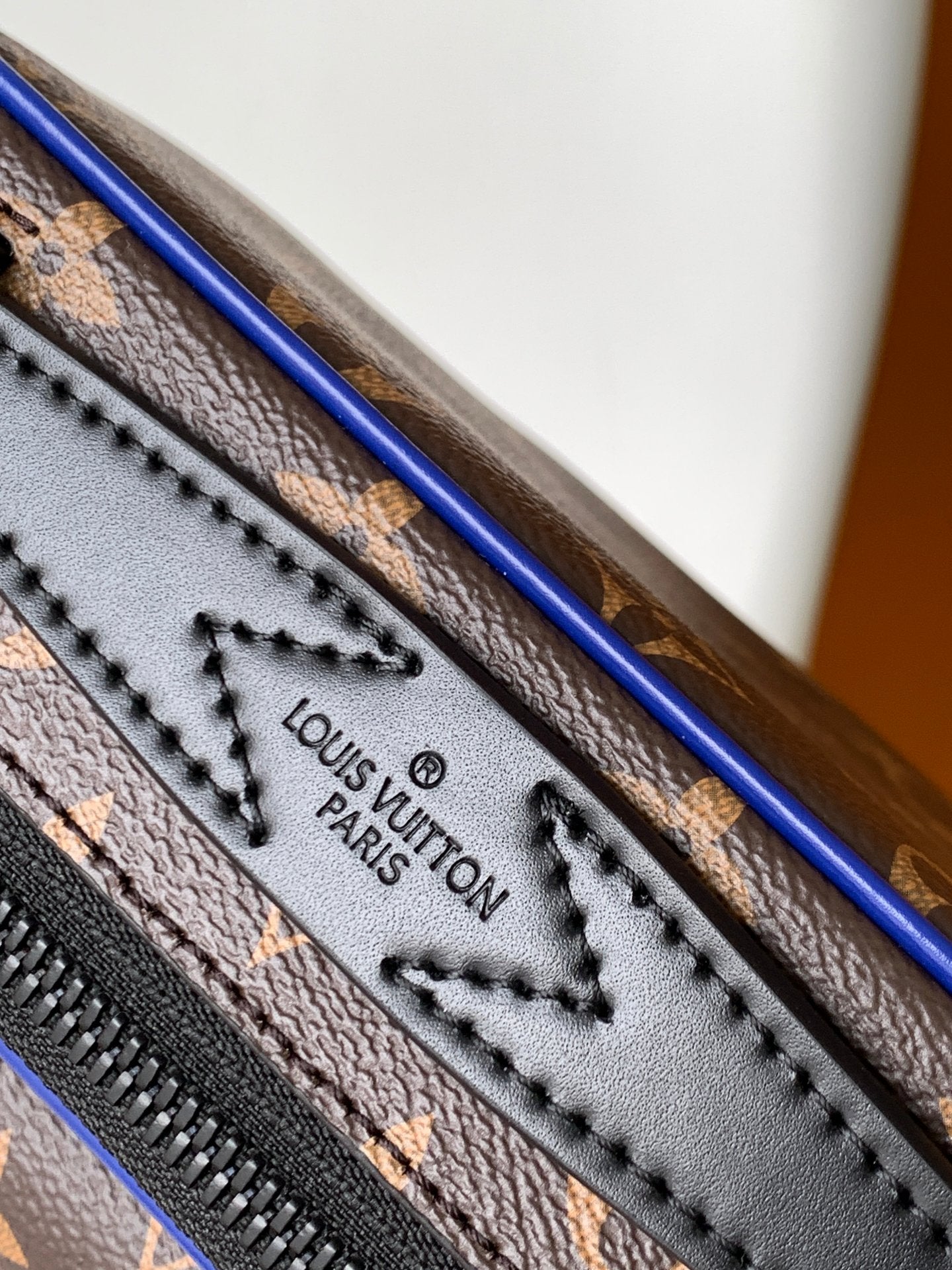 Louis Vuitton Monogram Print Brown Crossbody Bag with Blue Trim and Black Hardware