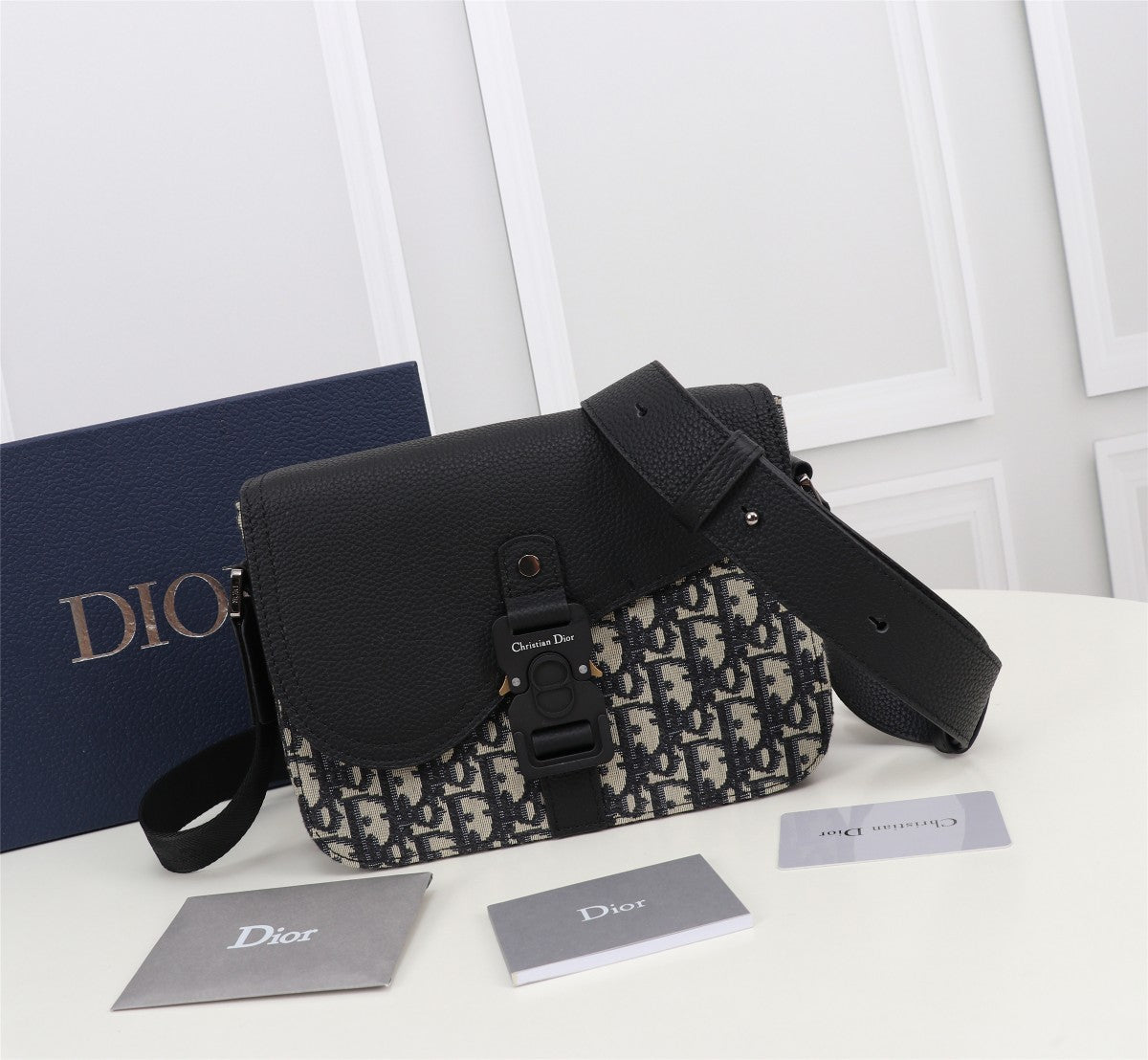 Dior Vintage Monogram Canvas Crossbody Messenger Bag with Black Leather Flap
