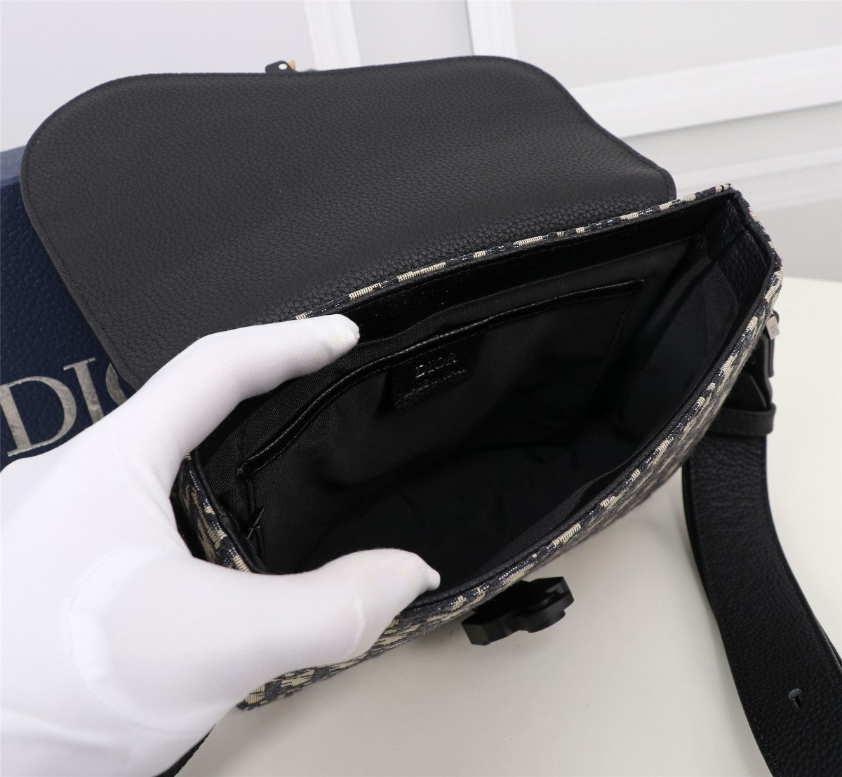 Dior Vintage Monogram Canvas Crossbody Messenger Bag with Black Leather Flap