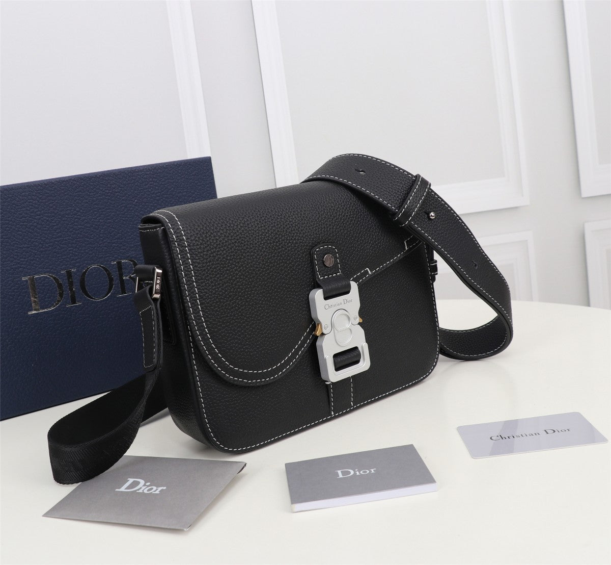 Dior Black Leather Crossbody Bag with Contrast Stitching and Buckle Clasp