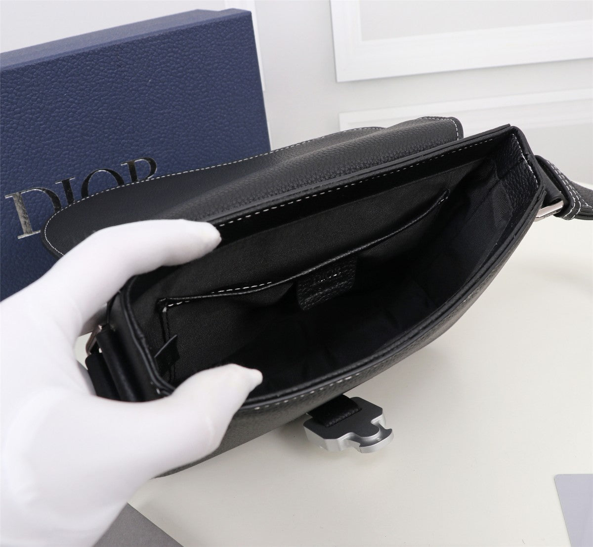Christian Dior Black Grained Calfskin Lingot Messenger Bag with Contrast Stitching