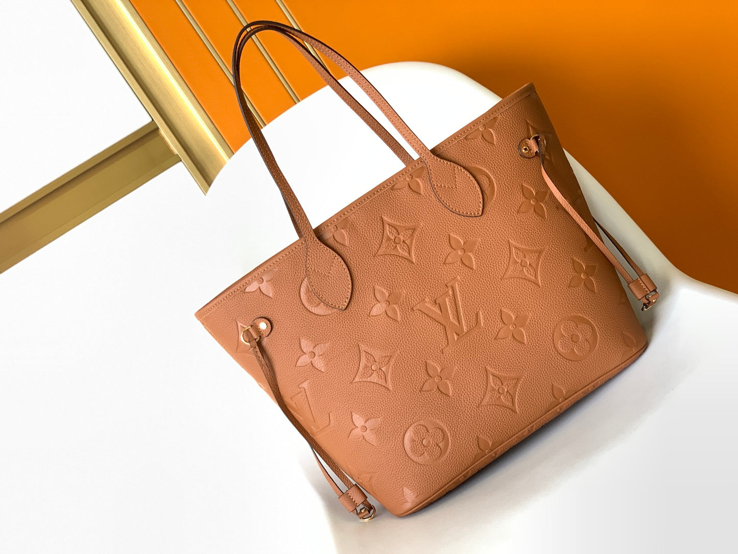 Louis Vuitton Classic Brown Embossed Leather Tote Bag with Side Drawstrings
