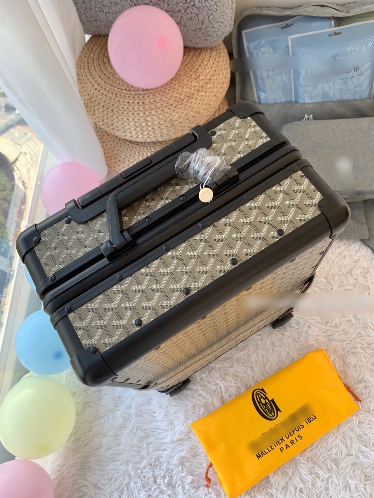 Vintage Chevron Monogram Rolling Carry-On Suitcase with Spinner Wheels