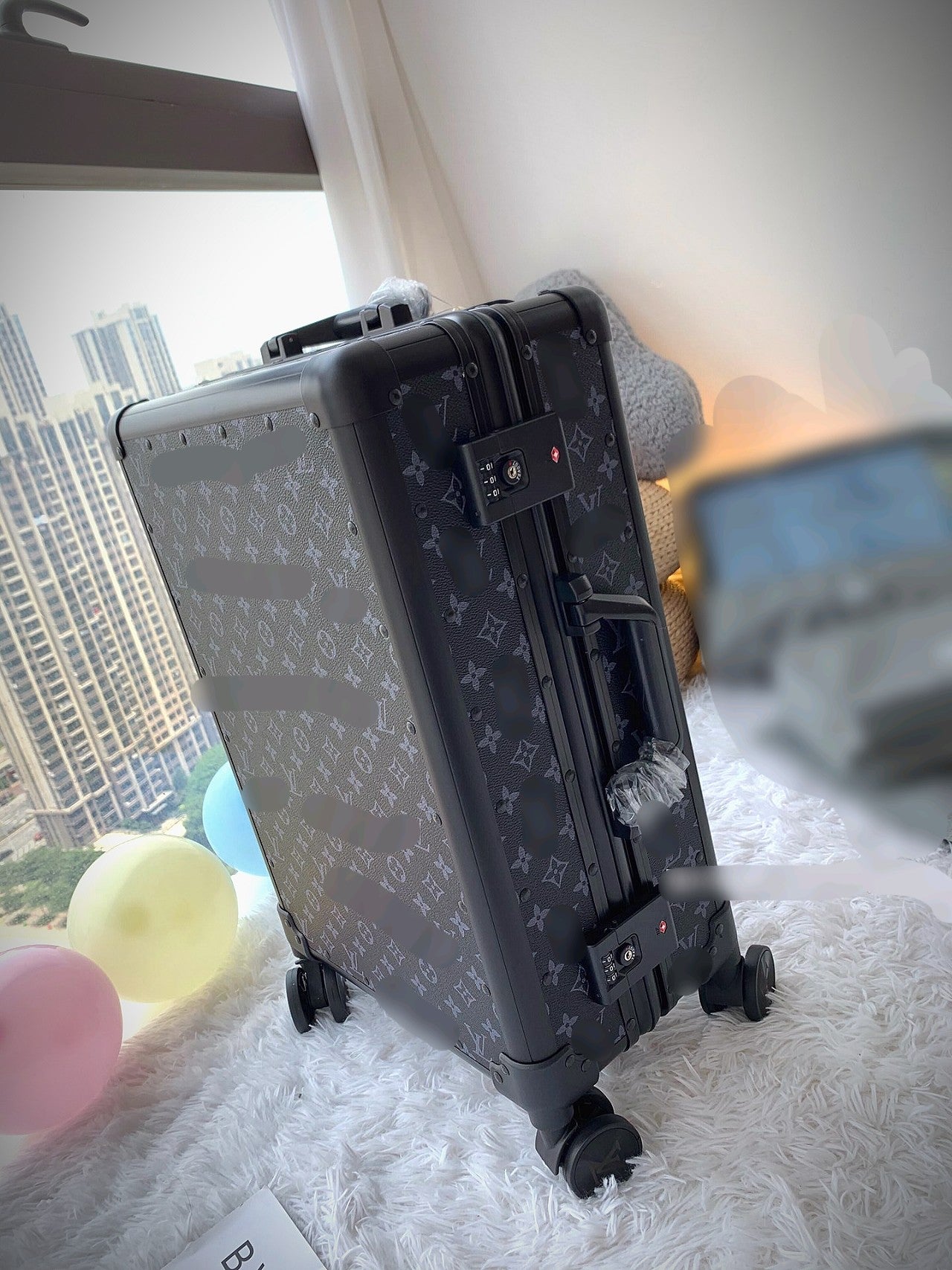 Luxury Black Monogram Spinner Suitcase Travel Rolling Luggage