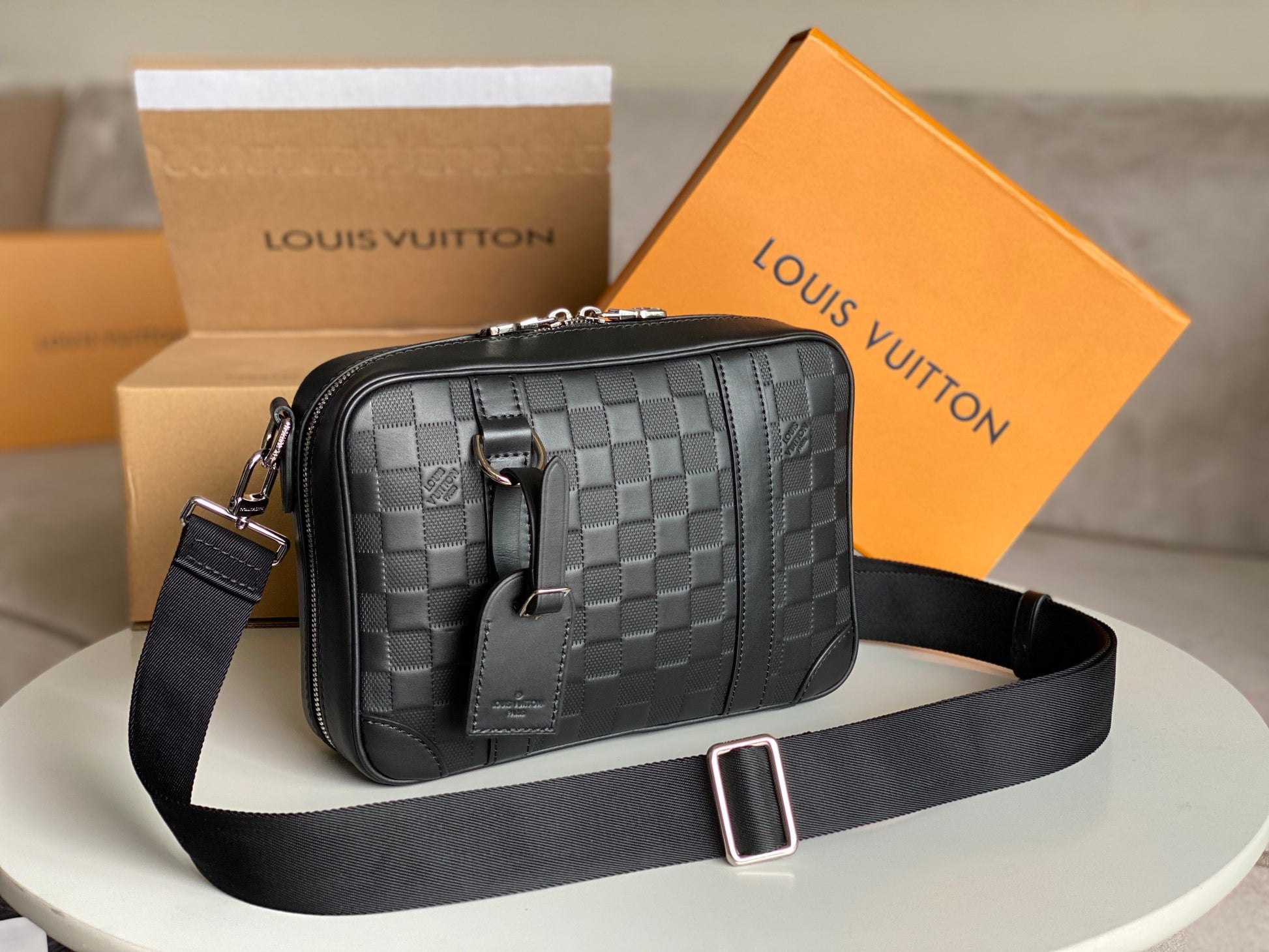 Louis Vuitton Black Checkerboard Embossed Leather Crossbody Messenger Bag