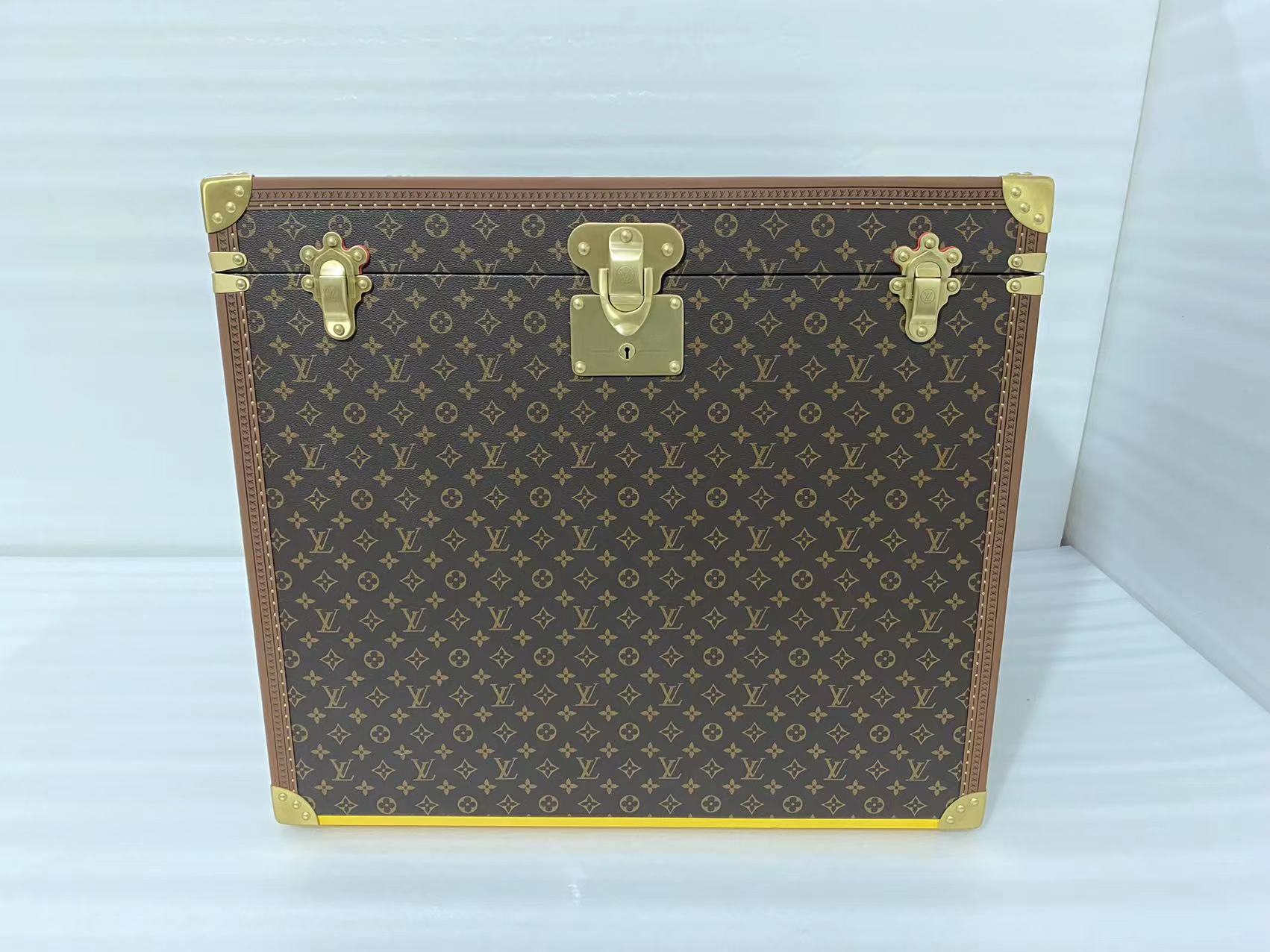Classic Brown Monogram Storage Trunk Chest with Gold Latches