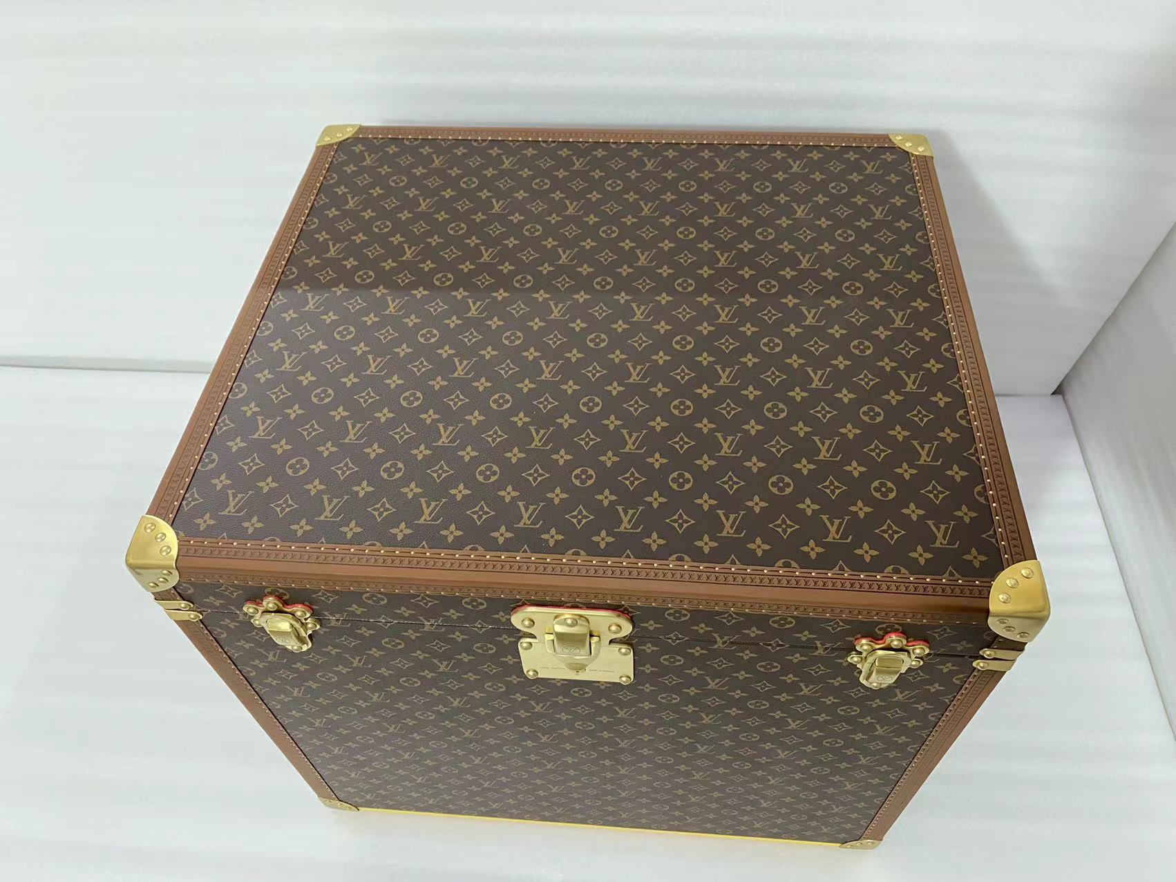 Classic Brown Monogram Storage Trunk Chest with Gold Latches