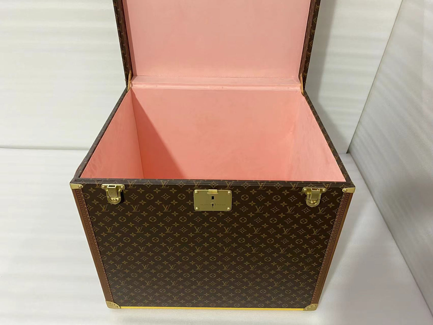 Classic Brown Monogram Storage Trunk Chest with Gold Latches