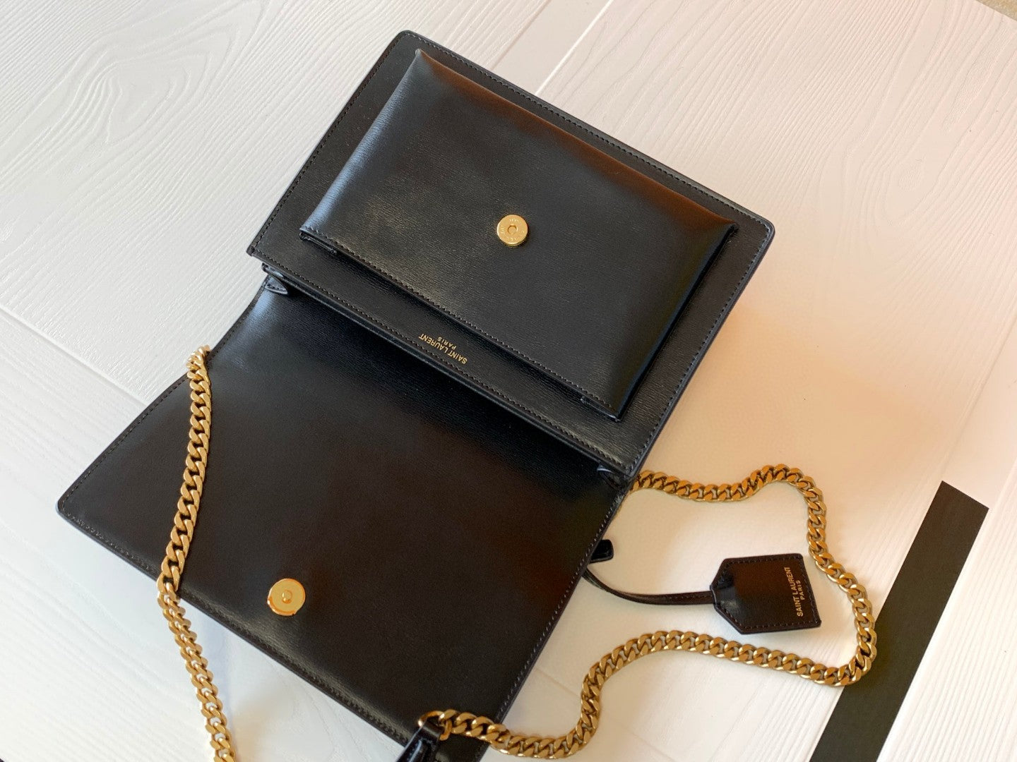 Saint Laurent Monogram Black Leather Shoulder Bag with Gold Chain