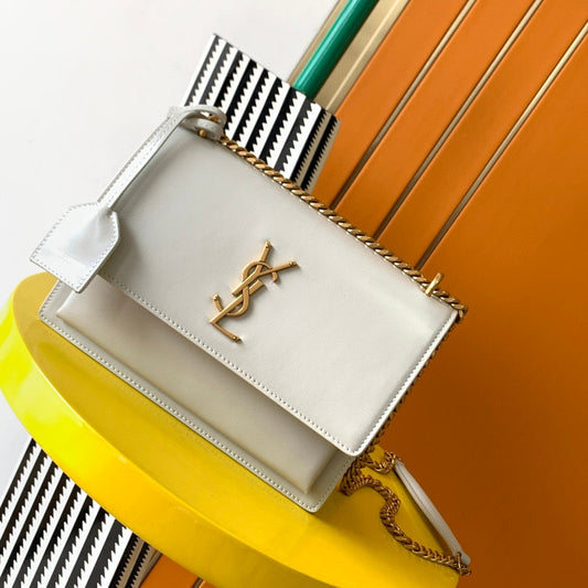 Saint Laurent YSL White Leather Sunset Shoulder Bag with Gold Hardware