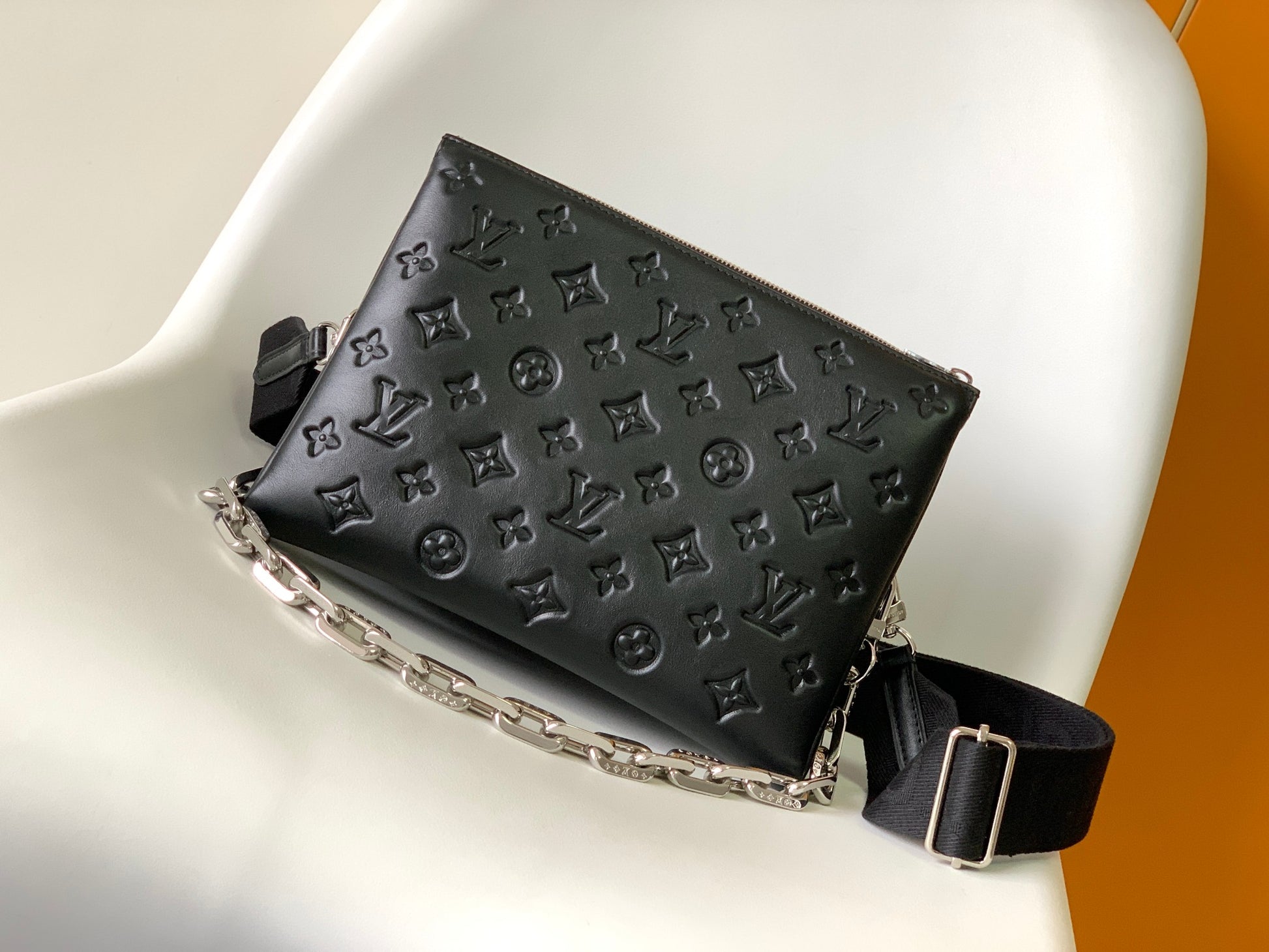 Louis Vuitton Black Embossed Crossbody Bag with Chain and Wide Adjustable Strap