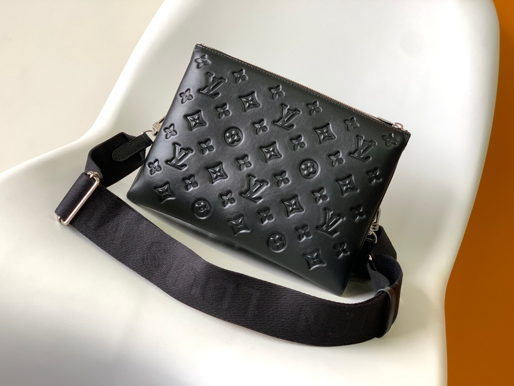 Louis Vuitton Black Embossed Crossbody Bag with Chain and Wide Adjustable Strap