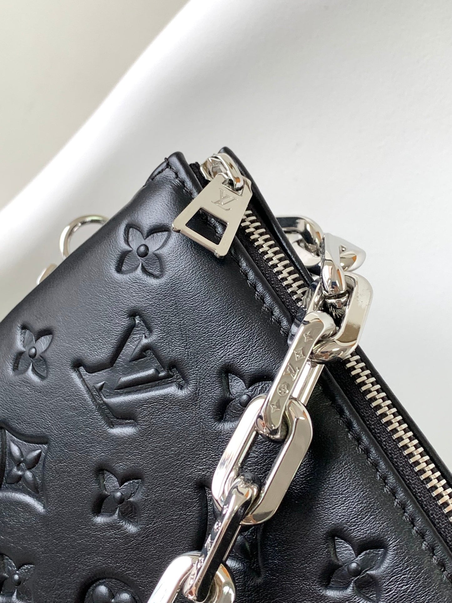 Louis Vuitton Black Embossed Crossbody Bag with Chain and Wide Adjustable Strap