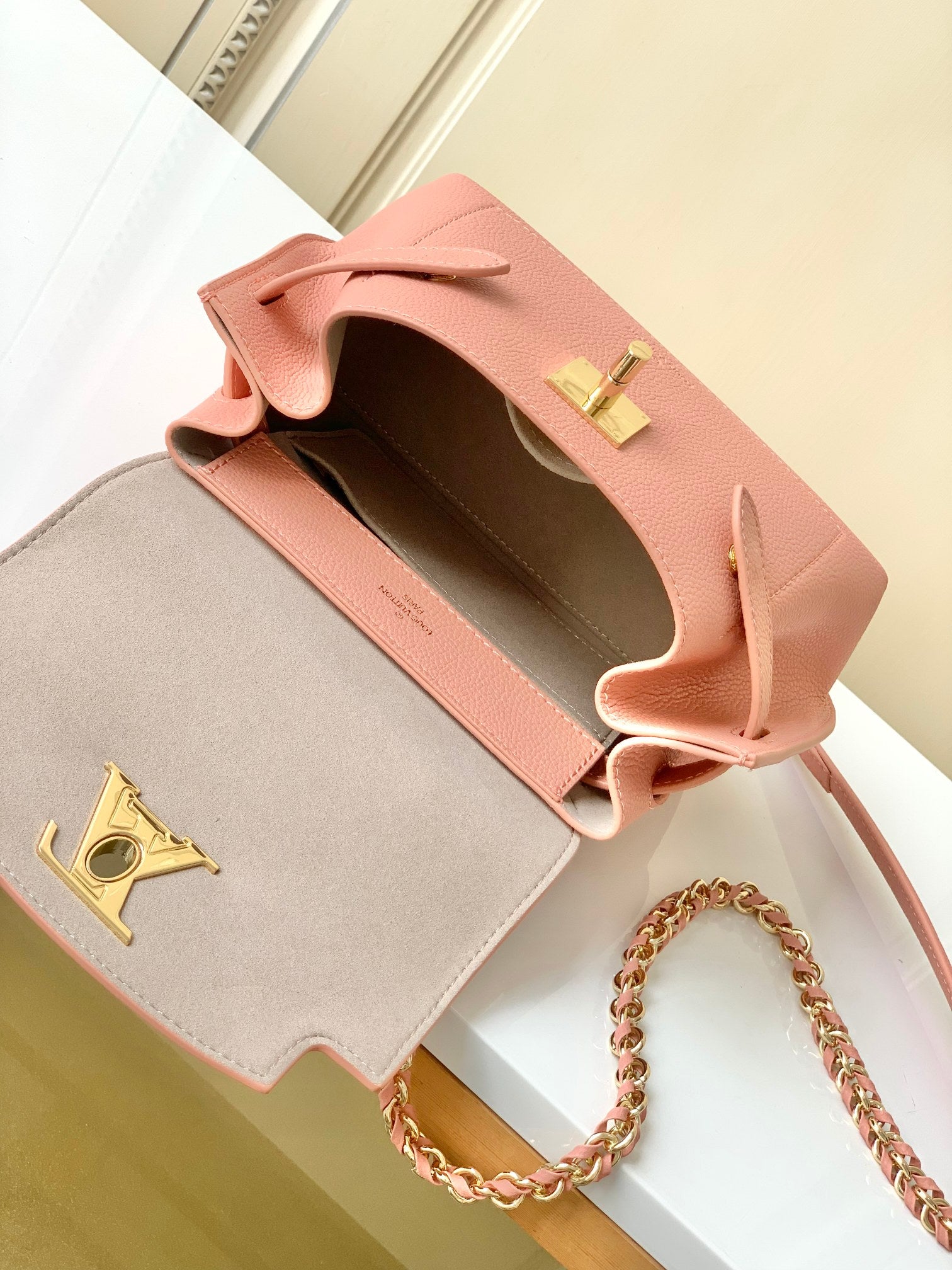 Louis Vuitton Blush Pink Grained Leather Top Handle Handbag with Gold Clasp