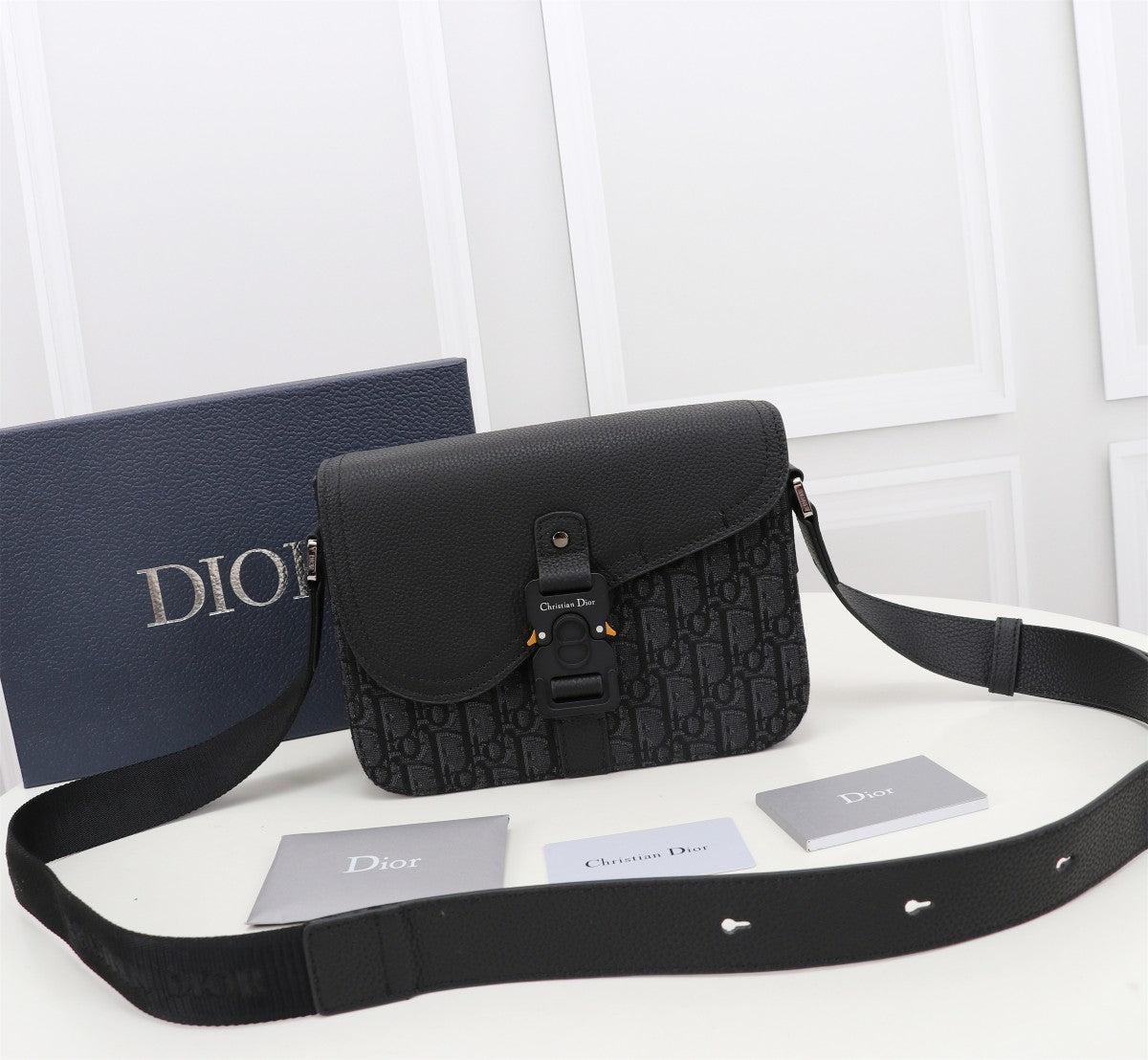Dior Black Monogram Canvas Messenger Bag with Leather Flap and Buckle
