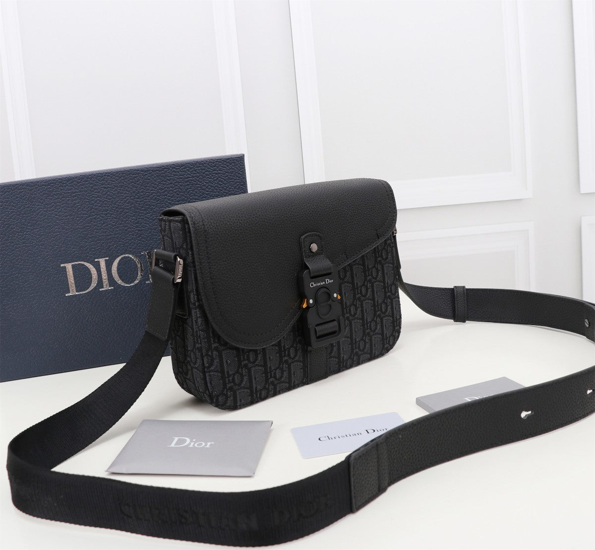 Dior Black Monogram Canvas Messenger Bag with Leather Flap and Buckle