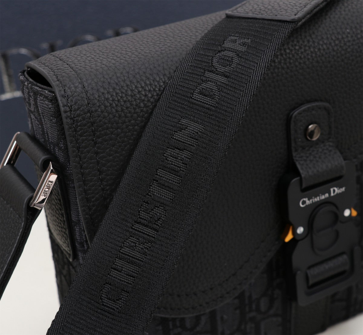 Dior Black Monogram Canvas Messenger Bag with Leather Flap and Buckle