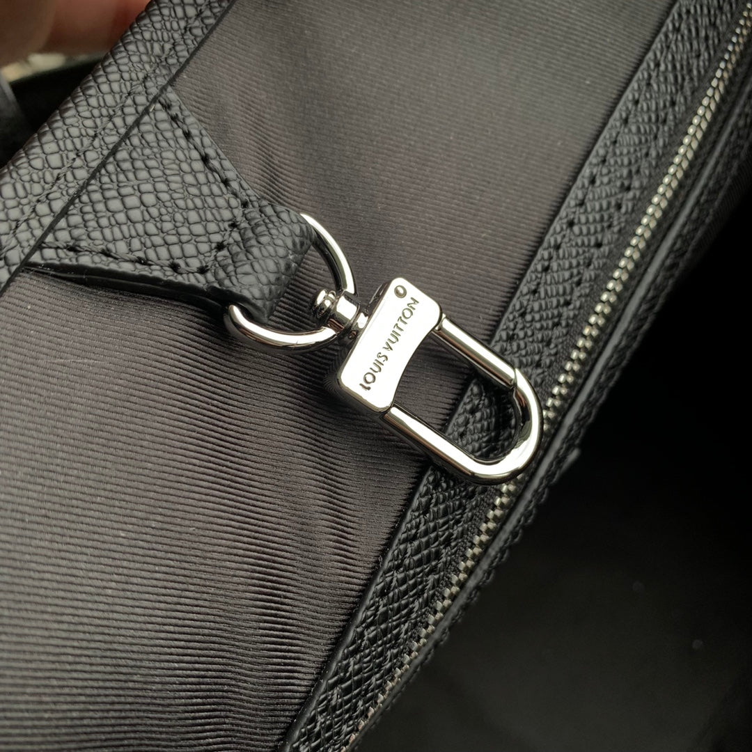 Men's Monogram Canvas Briefcase - Black Designer Tote Bag with Leather Trim