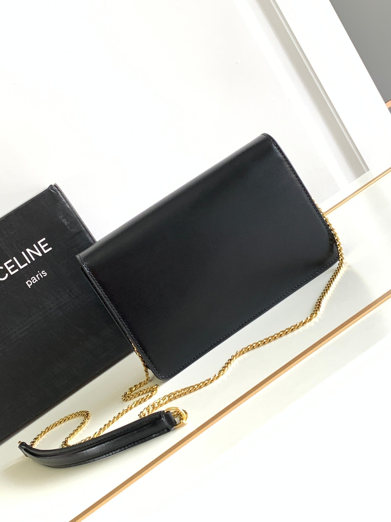 Celine Triomphe Wallet on Chain in Black Shiny Calfskin with Gold Hardware