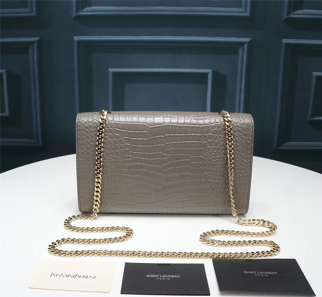 Saint Laurent Small Kate Tassel Shoulder Bag in Grey Croc-Embossed Leather