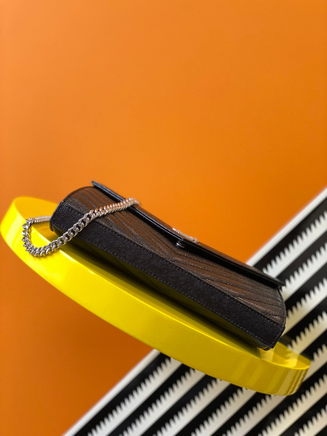Saint Laurent Monogram Matelassé Leather Chain Wallet - Black with Silver Hardware