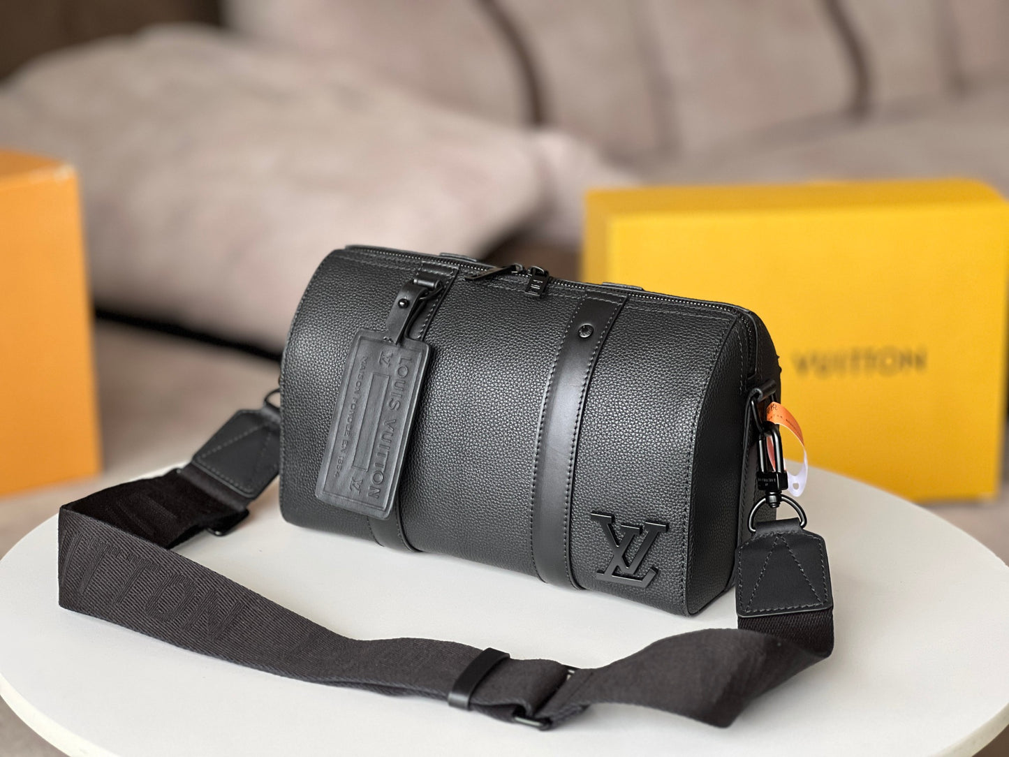 Louis Vuitton Minimalist Black Barrel Crossbody Shoulder Bag with Luggage Tag