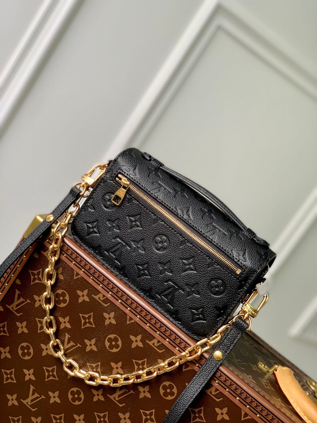 Louis Vuitton Classic Black Embossed Leather Shoulder Bag with Gold Chain