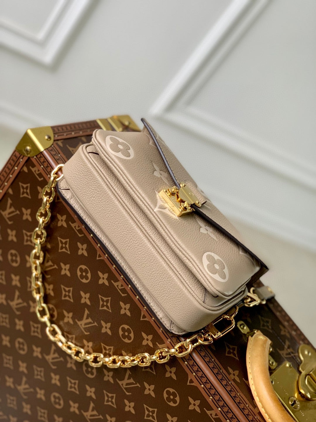 Louis Vuitton Taupe Monogram Embossed Leather Crossbody Handbag with Gold Clasp
