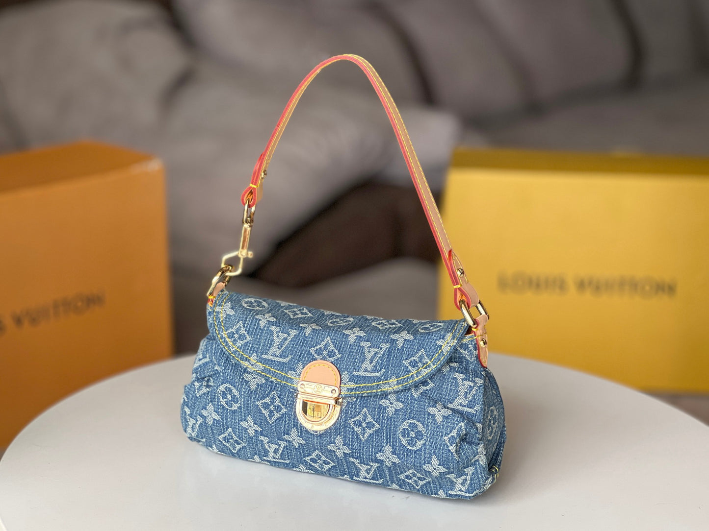 Louis Vuitton Vintage Blue Denim Monogram Shoulder Bag with Gold Lock Clasp