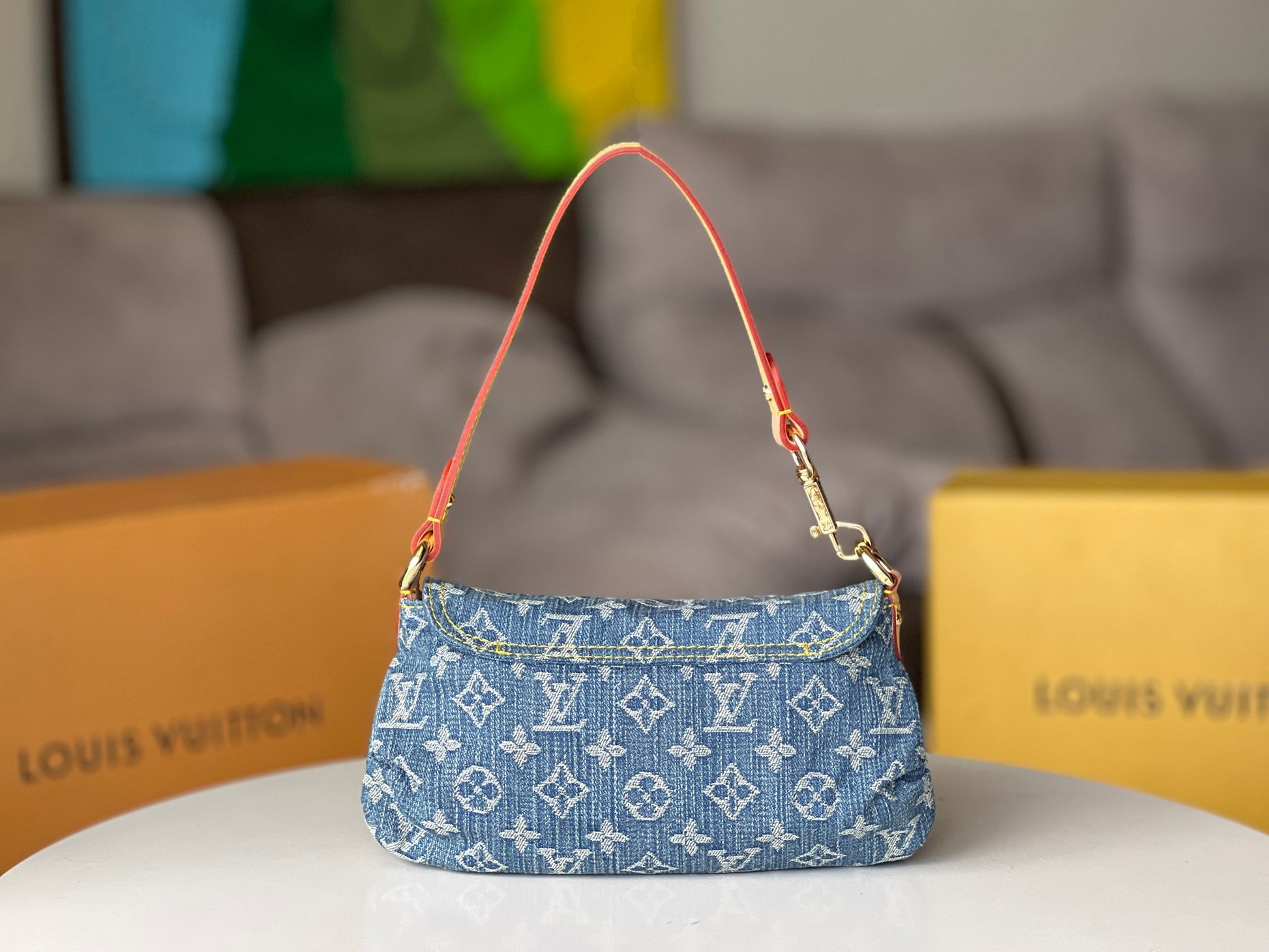 Louis Vuitton Vintage Blue Denim Monogram Shoulder Bag with Gold Lock Clasp