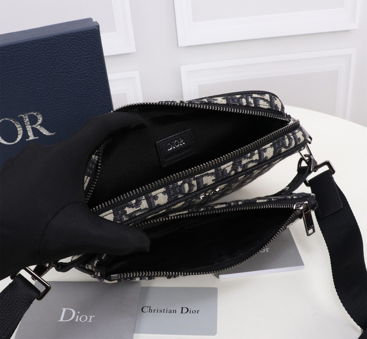Dior Black Monogram Jacquard Messenger Bag with Saddle Flap and Strap Pouch