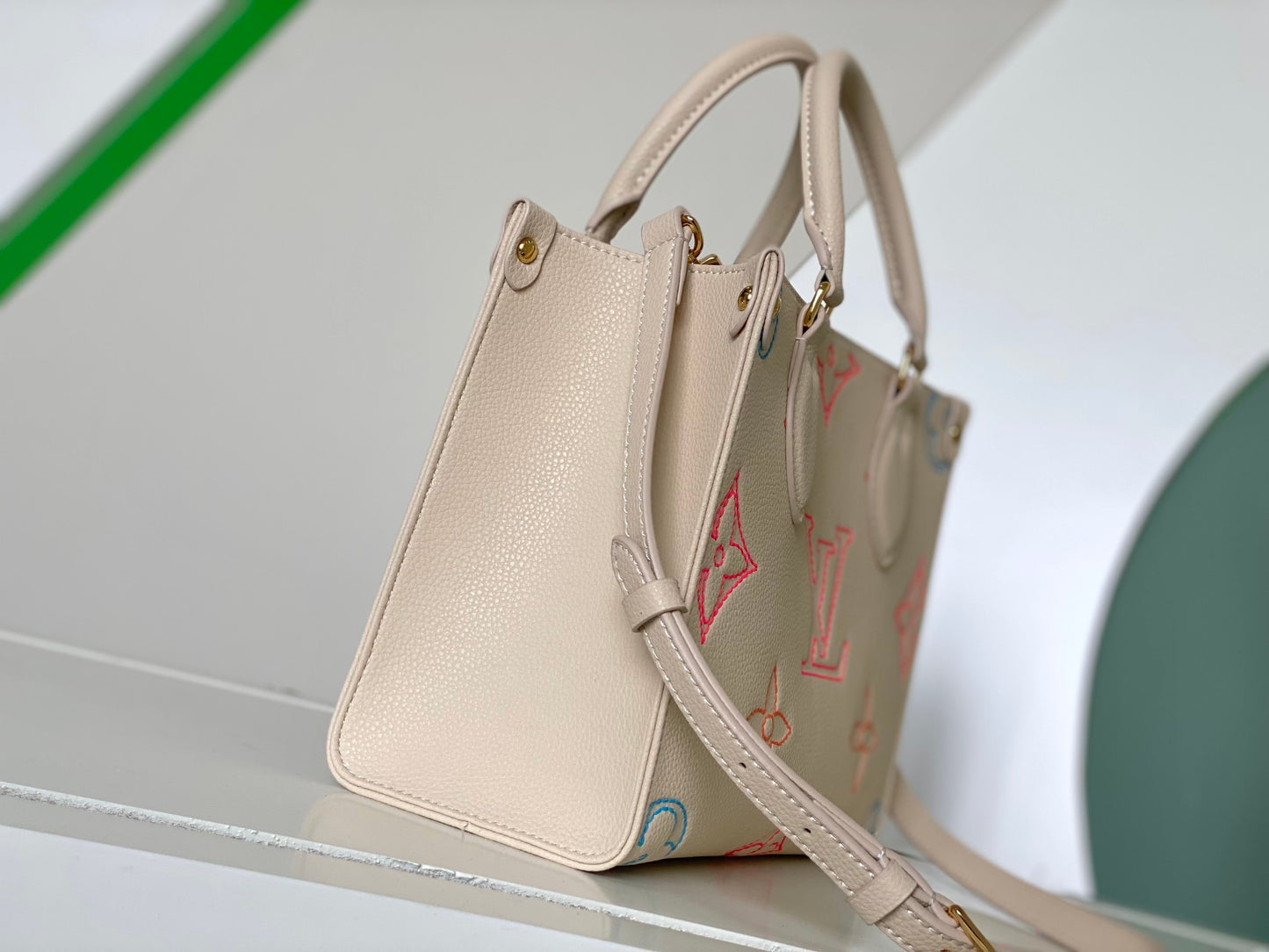 Louis Vuitton Luxury Pastel Pink Leather Tote Bag with Embossed Floral Pattern