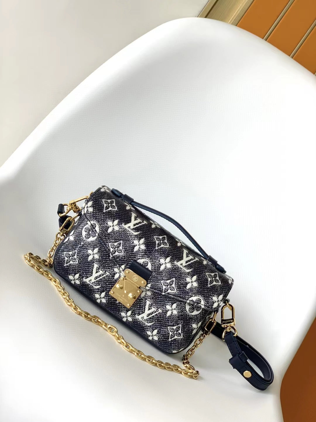 Louis Vuitton Navy Blue Monogram Denim Crossbody Bag with Gold Chain Strap