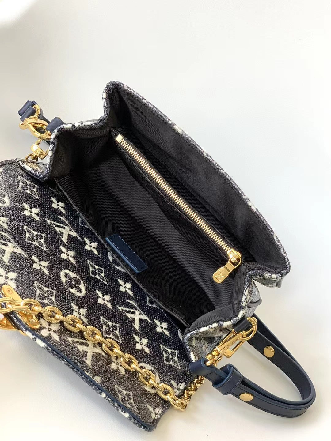 Louis Vuitton Navy Blue Monogram Denim Crossbody Bag with Gold Chain Strap