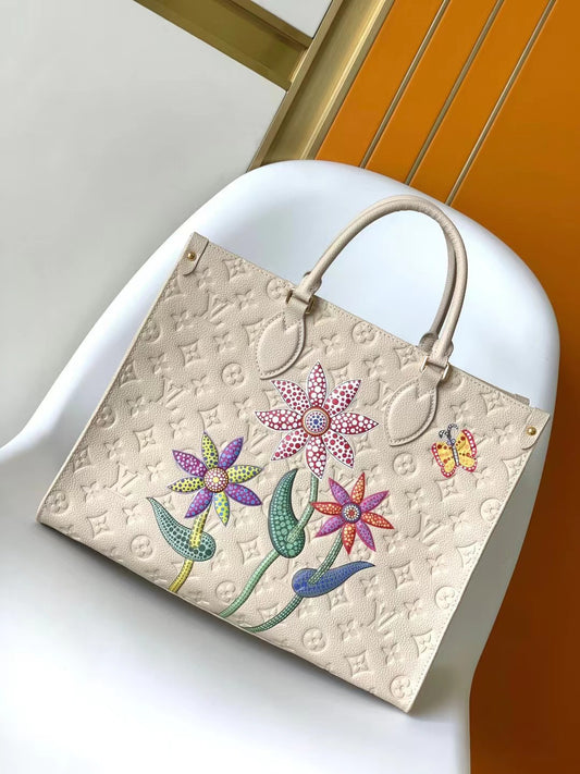 Louis Vuitton Luxury Beige Embossed Leather Tote Bag with Colorful Floral Embroidery