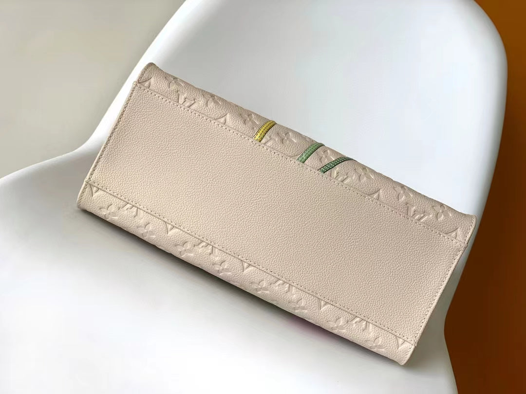 Louis Vuitton Luxury Beige Embossed Leather Tote Bag with Colorful Floral Embroidery