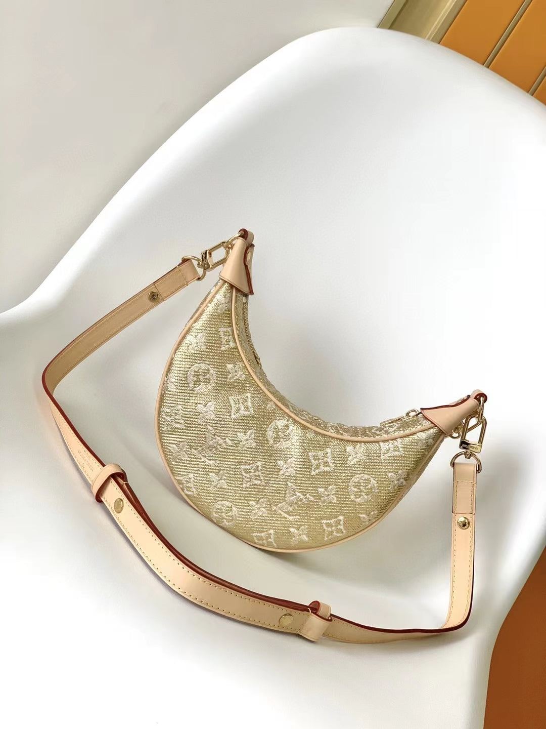 Louis Vuitton Beige Crescent Monogram Shoulder Bag with Gold Chain Strap
