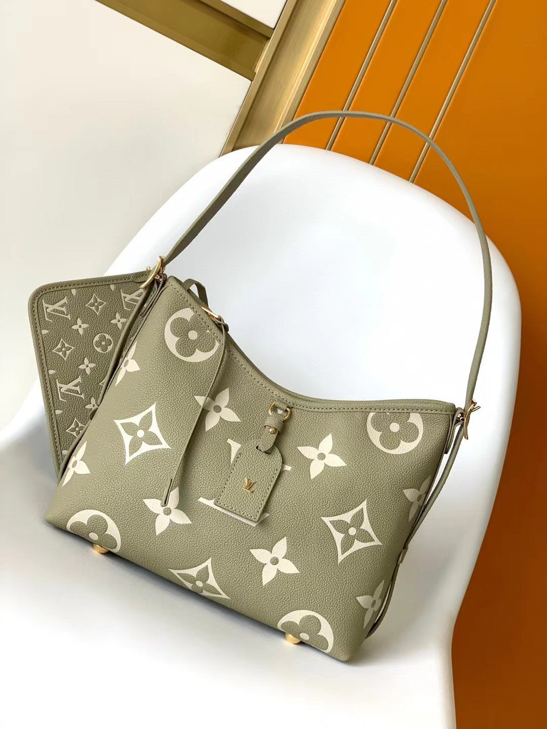 Louis Vuitton Elegant Sage Green Floral Monogram Leather Shoulder Bag