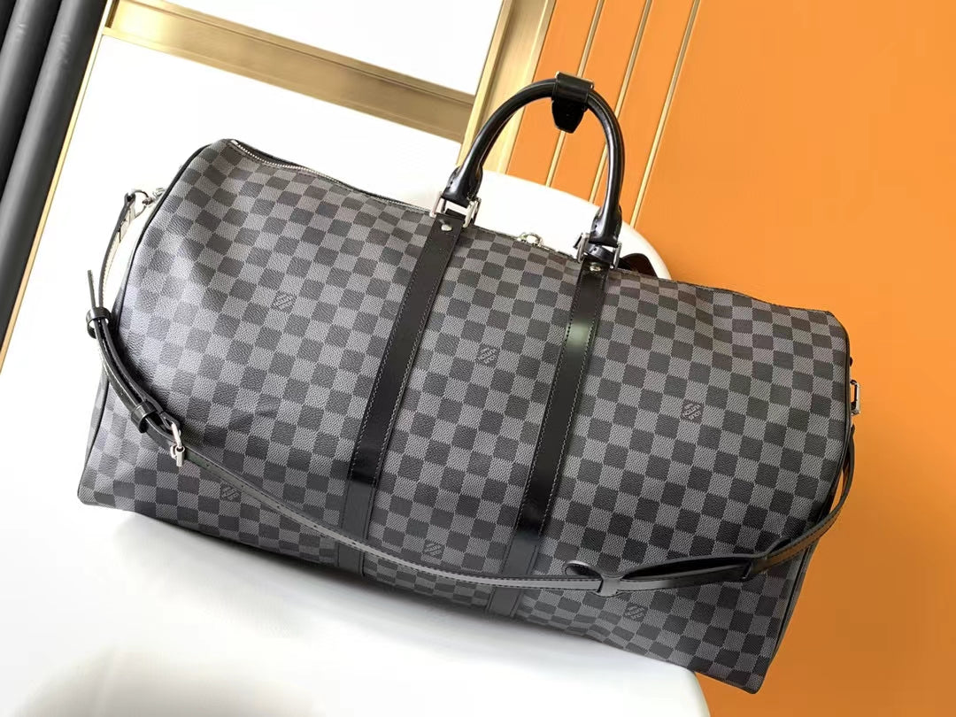 Louis Vuitton Grey Checkerboard Travel Duffle Bag with Leather Trim