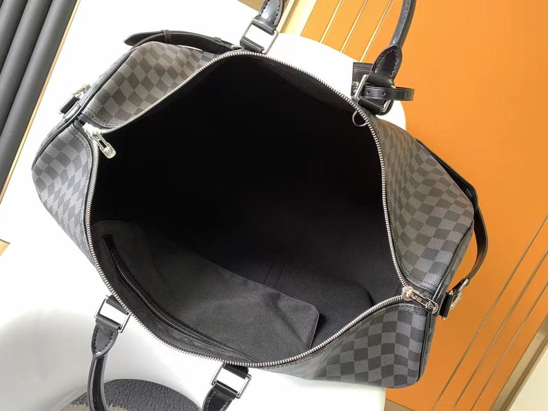 Louis Vuitton Grey Checkerboard Travel Duffle Bag with Leather Trim