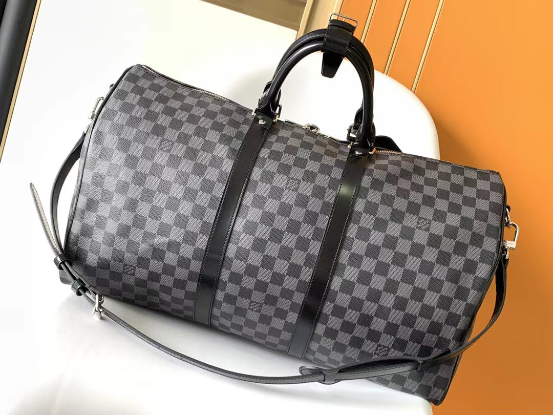 Louis Vuitton Classic Grey Checkerboard Travel Duffle Bag with Leather Trim
