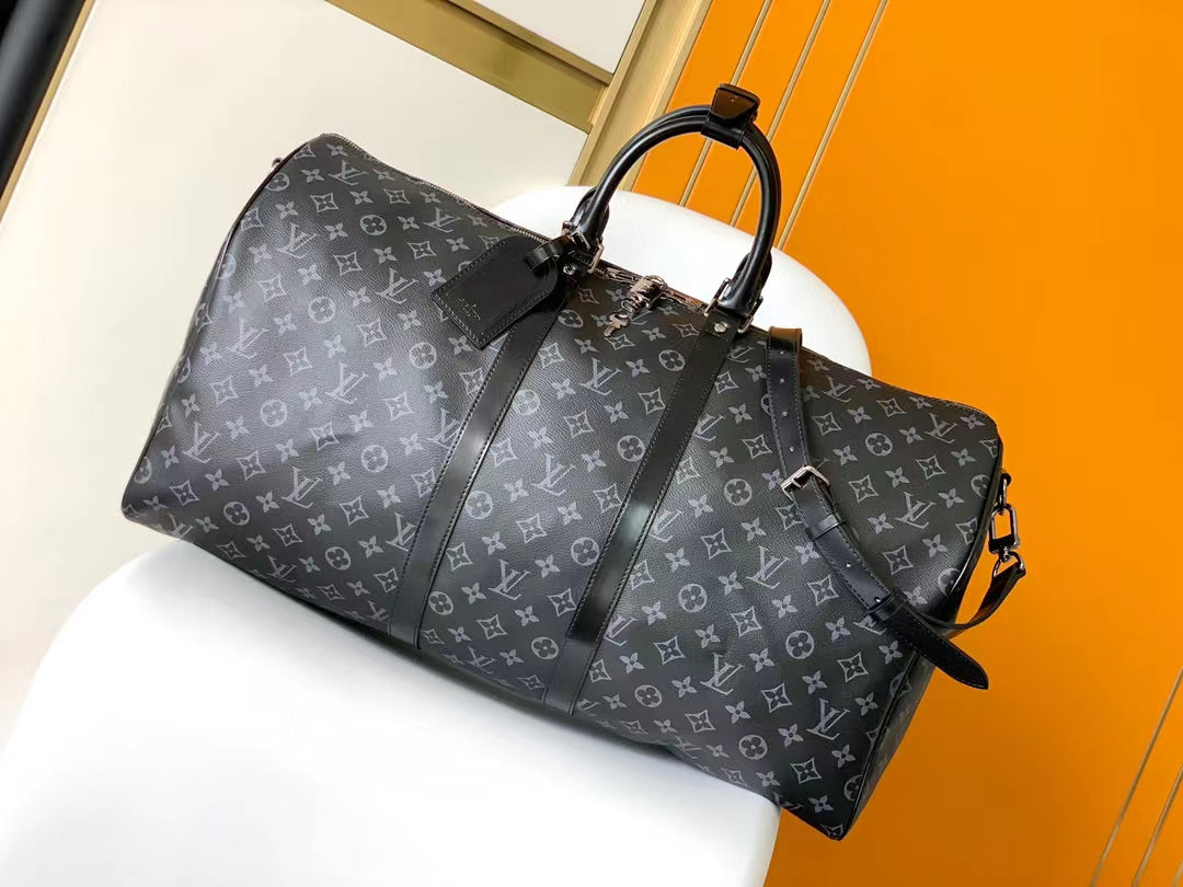 Louis Vuitton Classic Black Monogram Canvas Travel Duffel Bag with Shoulder Strap