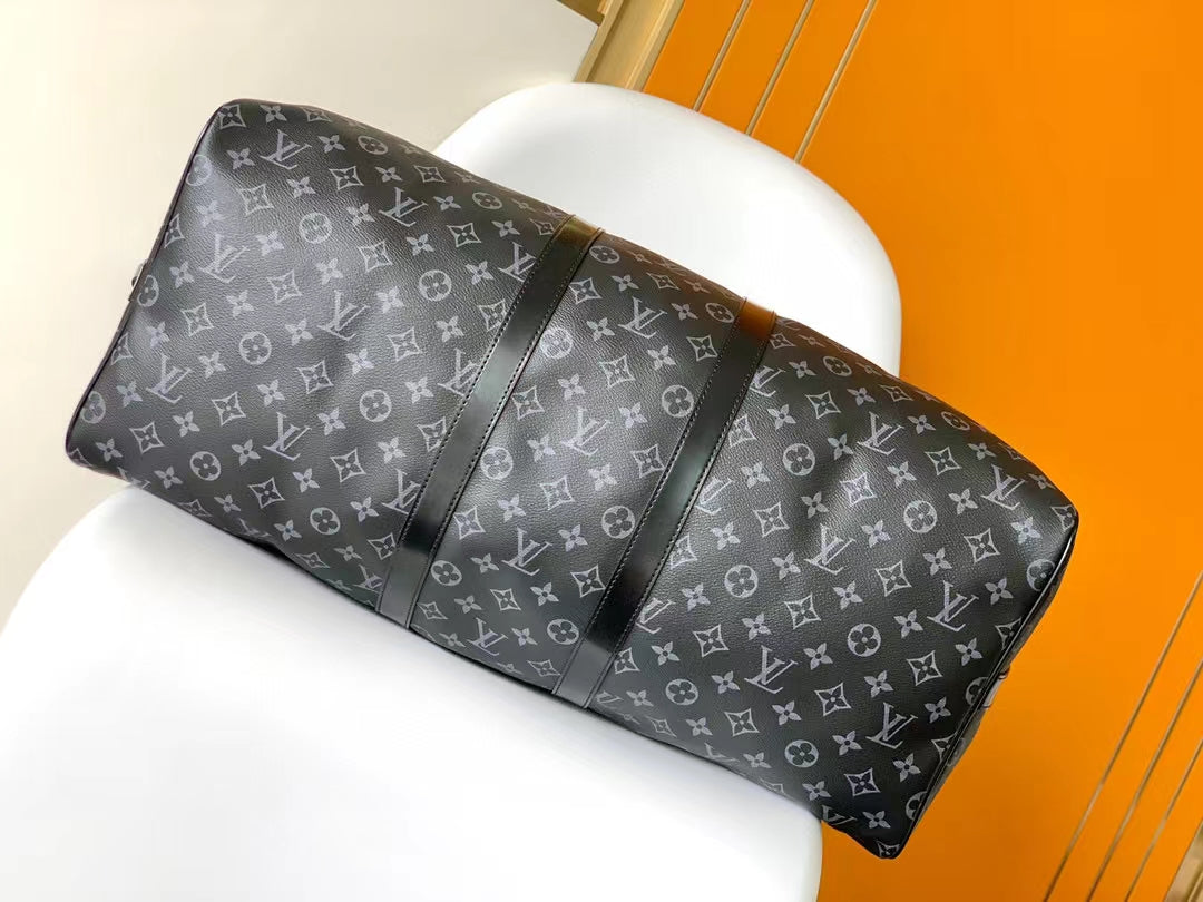 Louis Vuitton Classic Black Monogram Canvas Travel Duffel Bag with Shoulder Strap