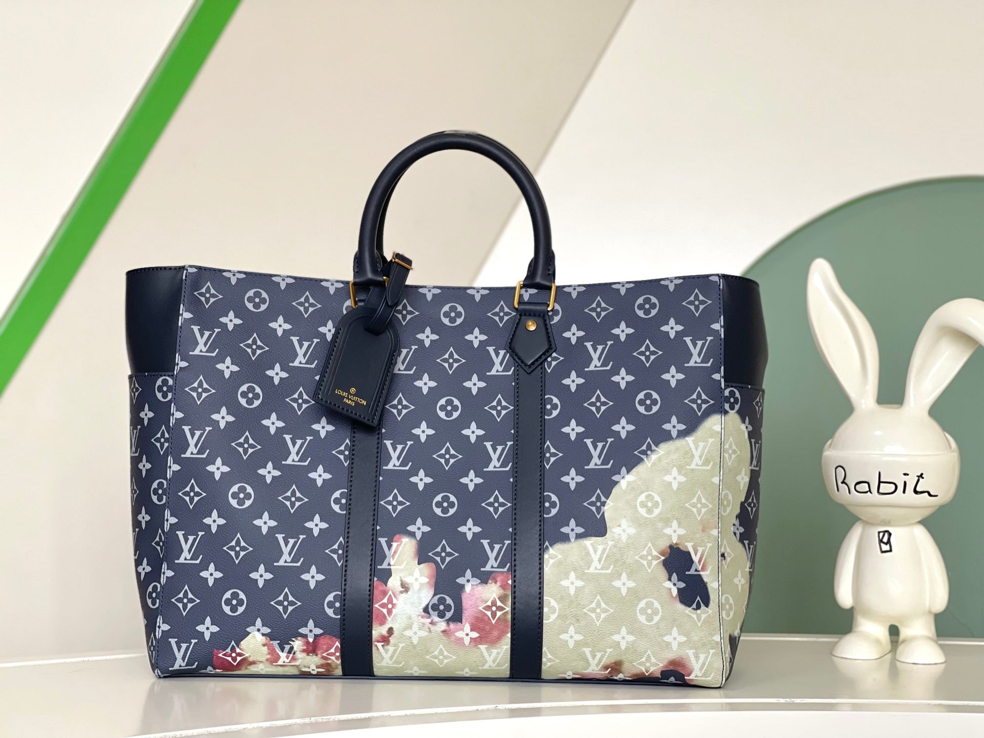 Louis Vuitton Luxury Navy Blue Monogram Canvas Tote Bag with Floral Watercolor Print