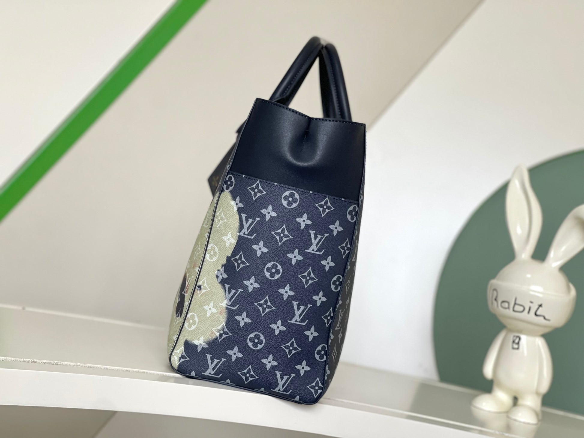 Louis Vuitton Luxury Navy Blue Monogram Canvas Tote Bag with Floral Watercolor Print