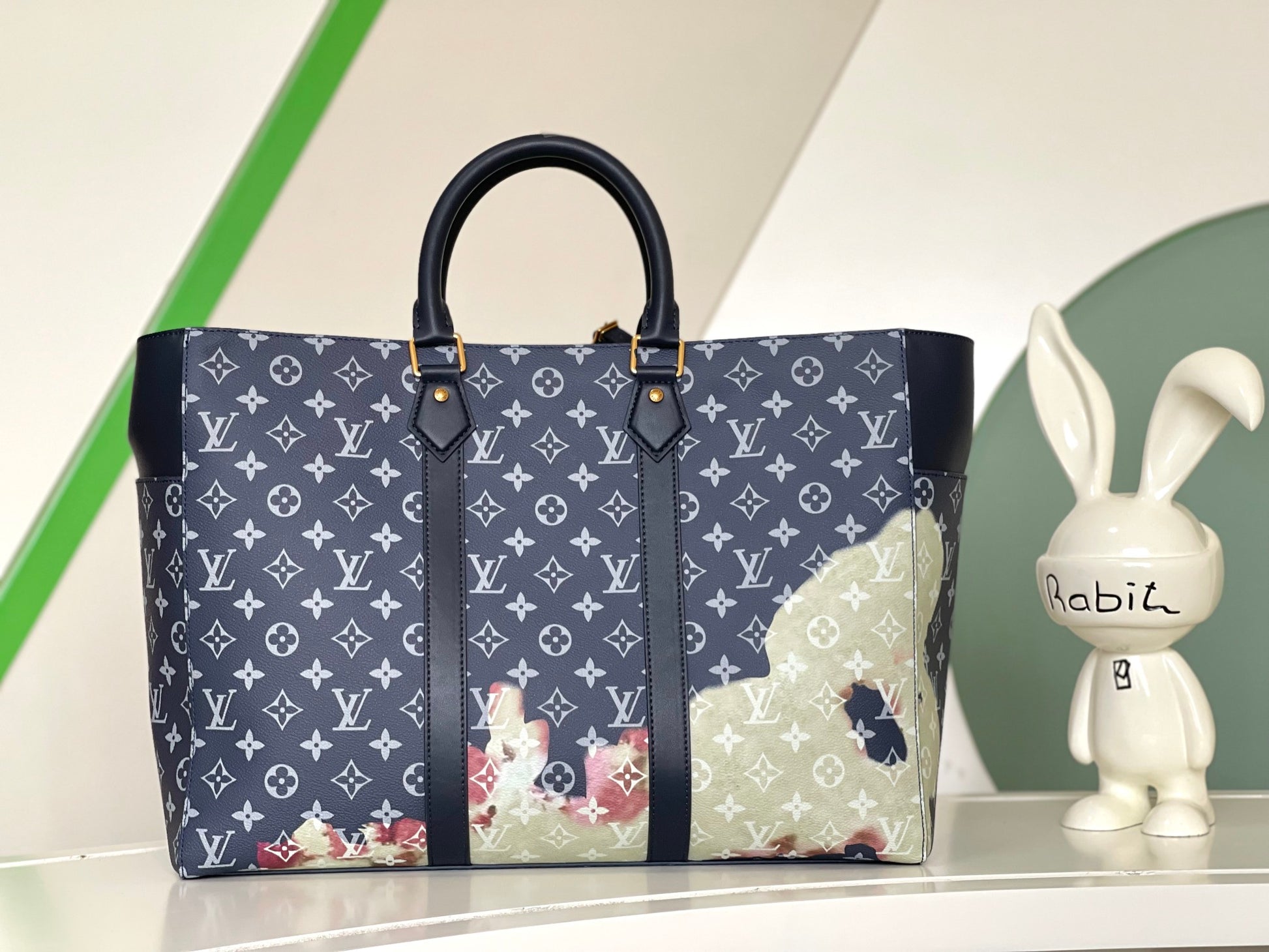 Louis Vuitton Luxury Navy Blue Monogram Canvas Tote Bag with Floral Watercolor Print