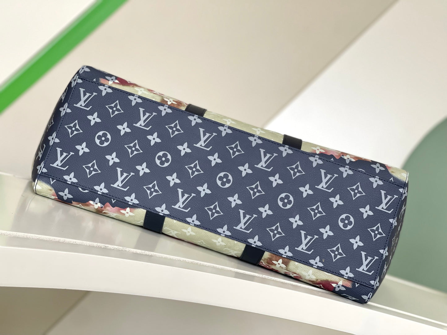 Louis Vuitton Luxury Navy Blue Monogram Canvas Tote Bag with Floral Watercolor Print