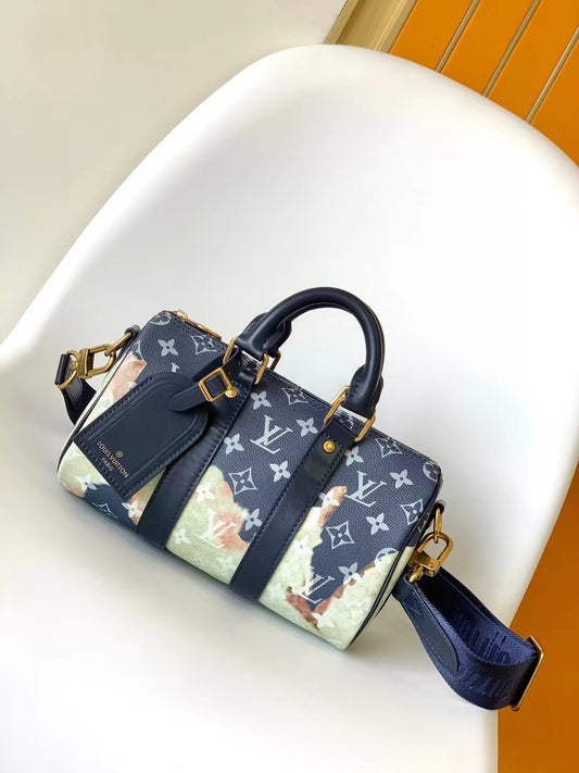 Louis Vuitton Luxury Monogram World Map Print Mini Duffle Bag with Blue Leather Strap